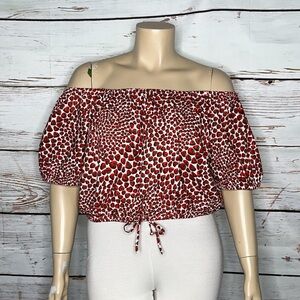 J. Crew Size XL White - Red Strawberry Novelty Print Cinch Waist Poplin Crop Top